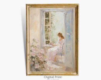 Printable vintage moody art I Vintage oil art I Rustic print I Woman reading portrait painting I Printable wall decor I Digital download