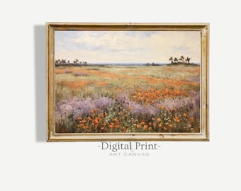 Vintage Oil Landscape Print: Spring Wildflower Meadow (Digital Download)