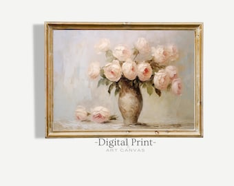 May include: A painting of a bouquet of pale pink roses in a vase, with a light blue background. The roses are arranged in a vase with a brown and white pattern. The painting is framed in a gold frame.
