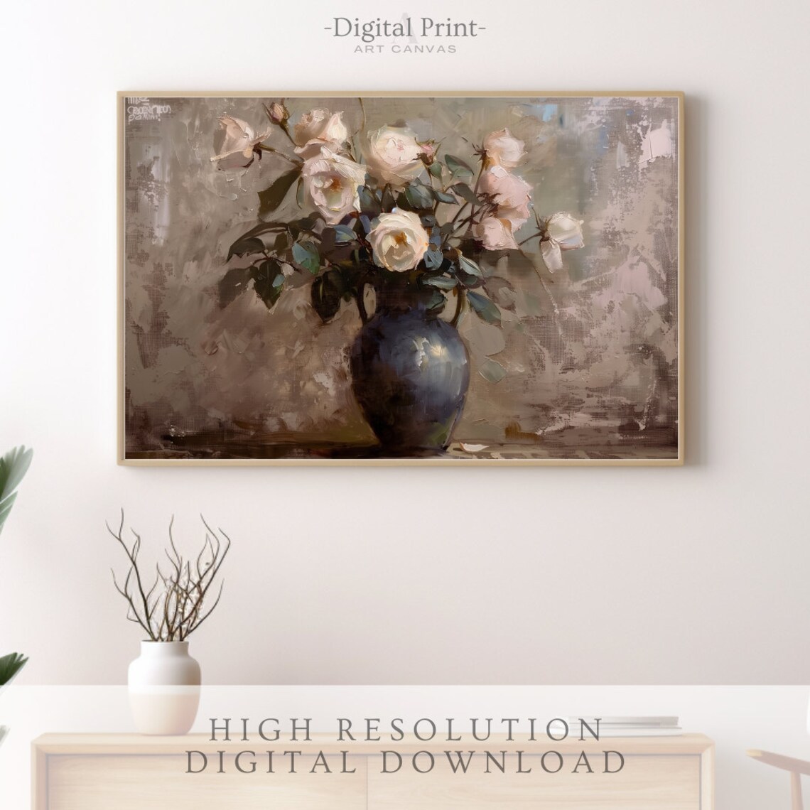 Vintage Rose Oil Painting Print, Moody Floral Still Life (digital ...