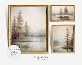 Ensemble vintage de peintures à l'huile sur un lac, art du paysage forestier (téléchargement numérique)
