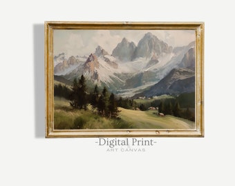 Rustic Mountain Painting | Vintage Farmhouse Landscape (Digital Download)
