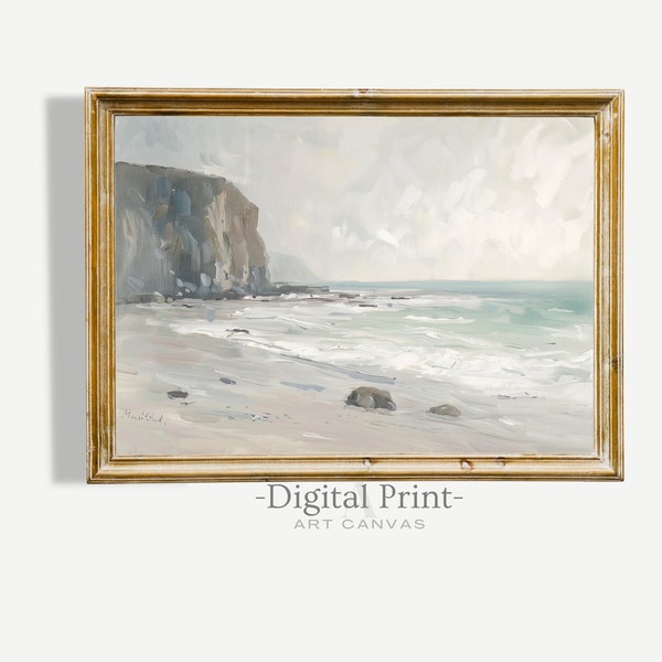 Printable Minimalistic Coastal Painting I Vintage Seacoast Print I Neutral Summer Wall Art I Vintage Oil Painting I Digital Download Art