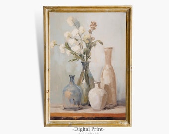Vintage White Flowers Oil Painting I Vintage Art I Flowers in the Vase I Digital Download Canvas I Still Life Printable Painting