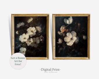 Conjunto de pinturas florales oscuras, láminas botánicas vintage (descarga digital)