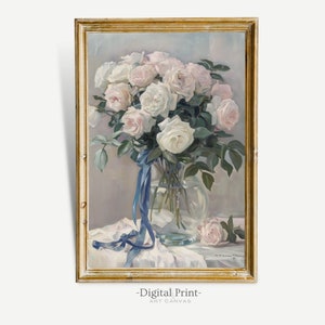 Printable Roses Oil Painting I Pink Flowers Wall Print I Vintage Floral Art I Digital Download Print