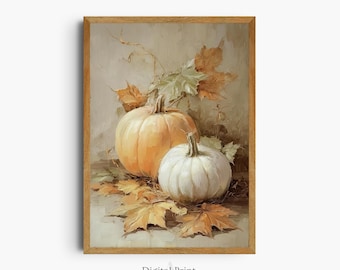 Vintage Pumpkin Oil Painting, Fall Farmhouse Decor (Digital Download)