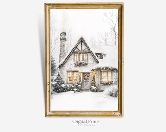 Cuadro de cabaña invernal, arte navideño vintage de granja (descarga digital)