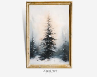 Vintage Winter Forest Oil Painting Print, Moody Christmas Wall Art (Digital Download)