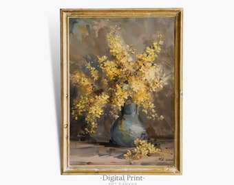 May include: A framed painting of a vase filled with yellow flowers. The vase is blue and white and the flowers are in a soft focus. The painting is signed "M.A. Bohm" in the bottom right corner.