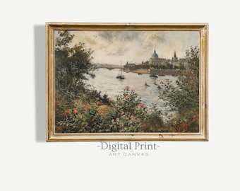 Vintage Seine River Painting, Paris Landscape Art (Digital Download)