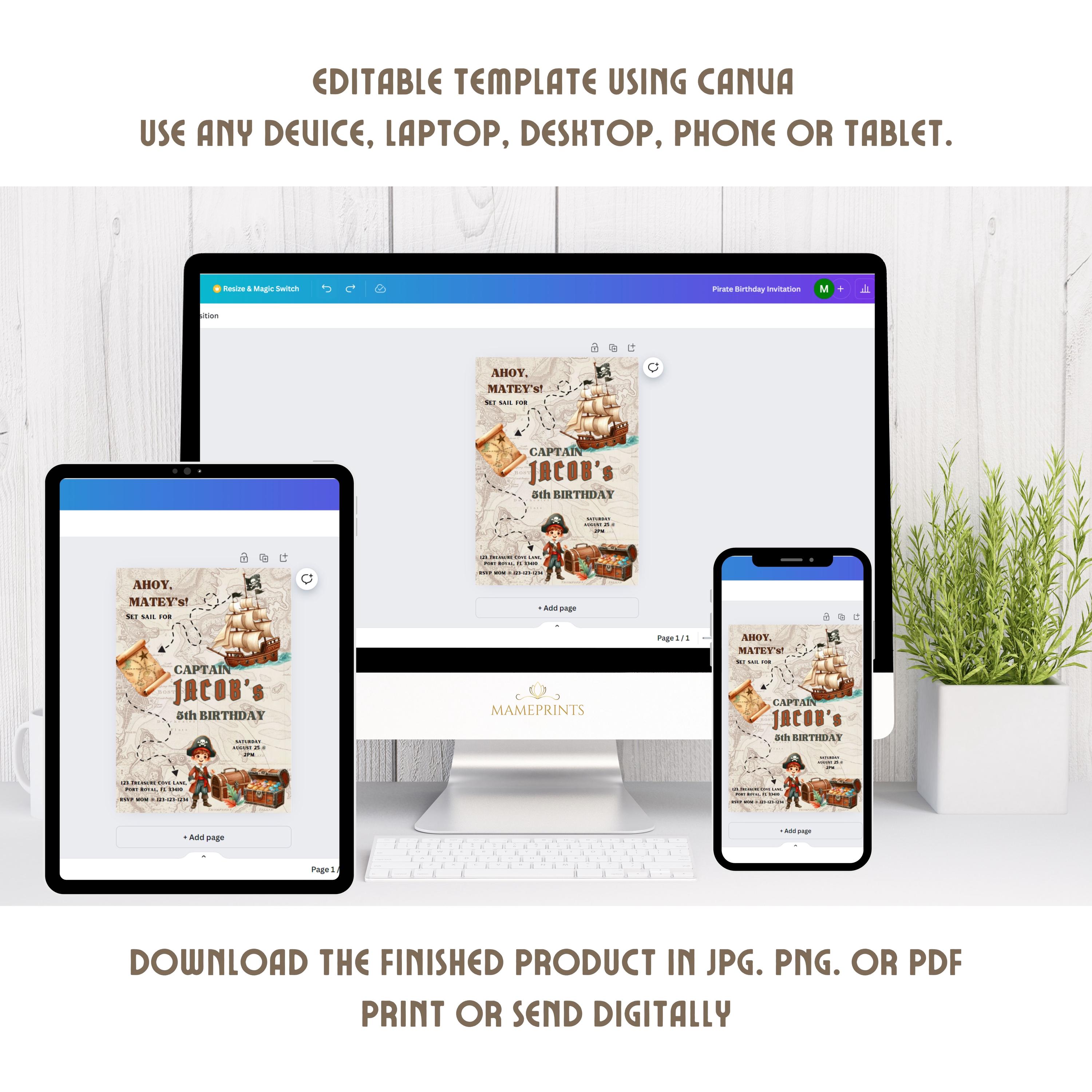 Editable Pirate Invitation, Pirate Birthday Invitation, Pirate Ship ...