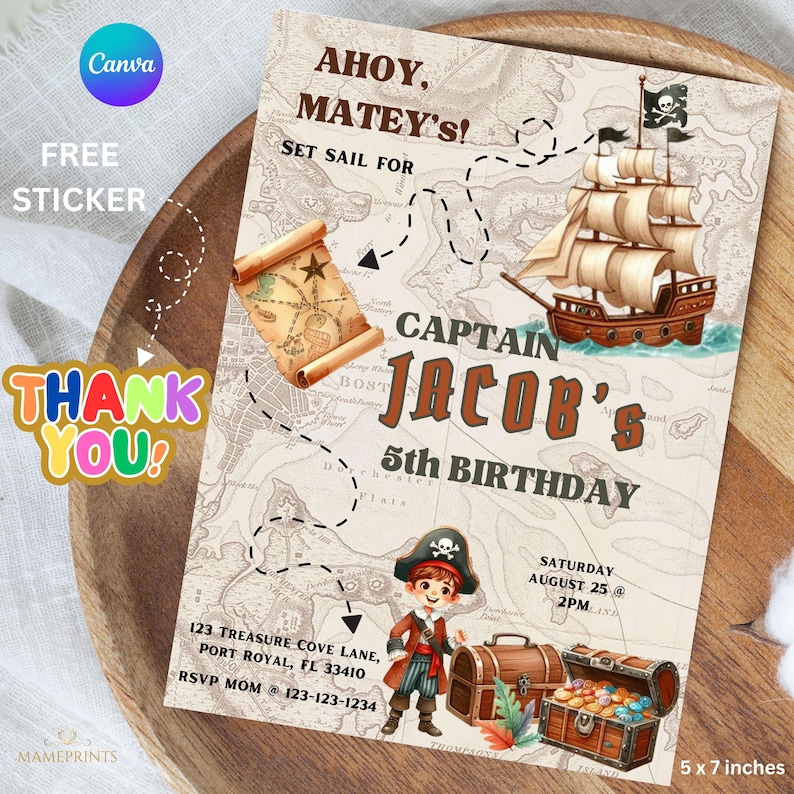 Editable Pirate Invitation, Pirate Birthday Invitation, Pirate Ship ...