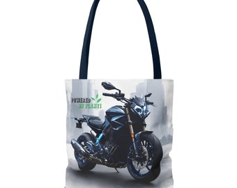 Bolso de mano de moto ecológico, bolso de mano de ciudad sostenible, bolso de mano de horizonte futurista