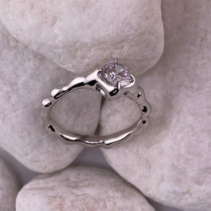 Melted Metal Ring, Engagement Ring, Liquid Silver Ring, Wavy Shape Band, Curved Solid Silver Ring, Organic Form, Single Stone Ring.