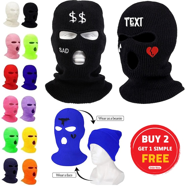 Custom Balaclava/Ski Mask - Various Colours - Embroidered 3 Hole Ski Mask - Knitted Balaclava - Personalized ski mask-Custom text embroidery