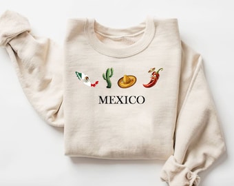 mexico flag sweatshirt, anfora mexico, sayulita mexico, nayarit mexico, Beige Crewneck, Flag, Sombrero Mariachi, Hot Chili Pepper, Gift Idea