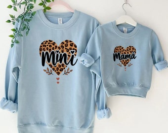 Mama & Mini Leopard Logo Heart Matching Sweatshirts, amur leopard, mama leopard print sweatshirt, mama leopard sweatshirt Gift Idea