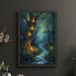 Verzauberte Waldlaternen Ölgemälde - Mystische Fluss & Bäume Kunstwerk - Fantasiewald Wandkunst - Magische Wohnzimmer Dekoration