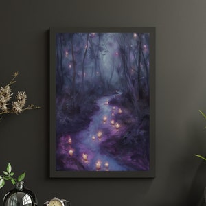 Mystical Purple Forest & River Candlelight Art Print - Fantasy Oil Painting - Nature Lover's Dream Decor - Enchanted Woodland Wall Art