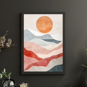 Japanese Wall Art Print - Japandi Decor, Minimalist Mountain and Sun Poster, Oriental Wall Hanging - Unique Home Decoration