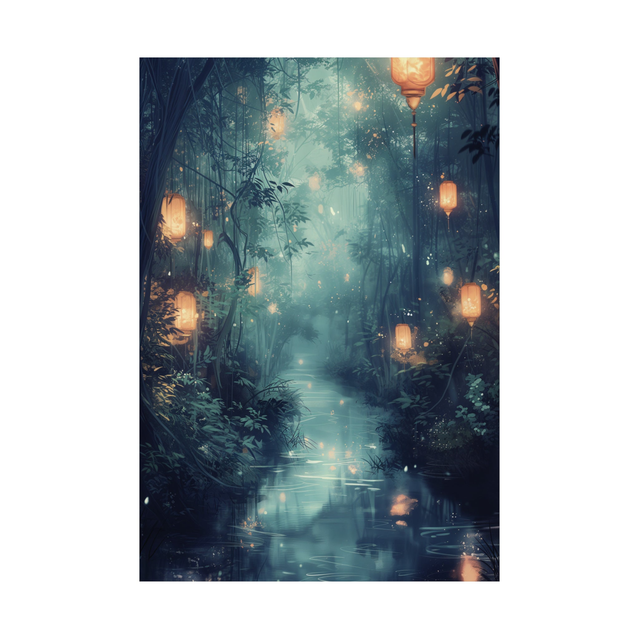 Enchanted Forest Lanterns Art Print - Mystical River & Trees Watercolor ...