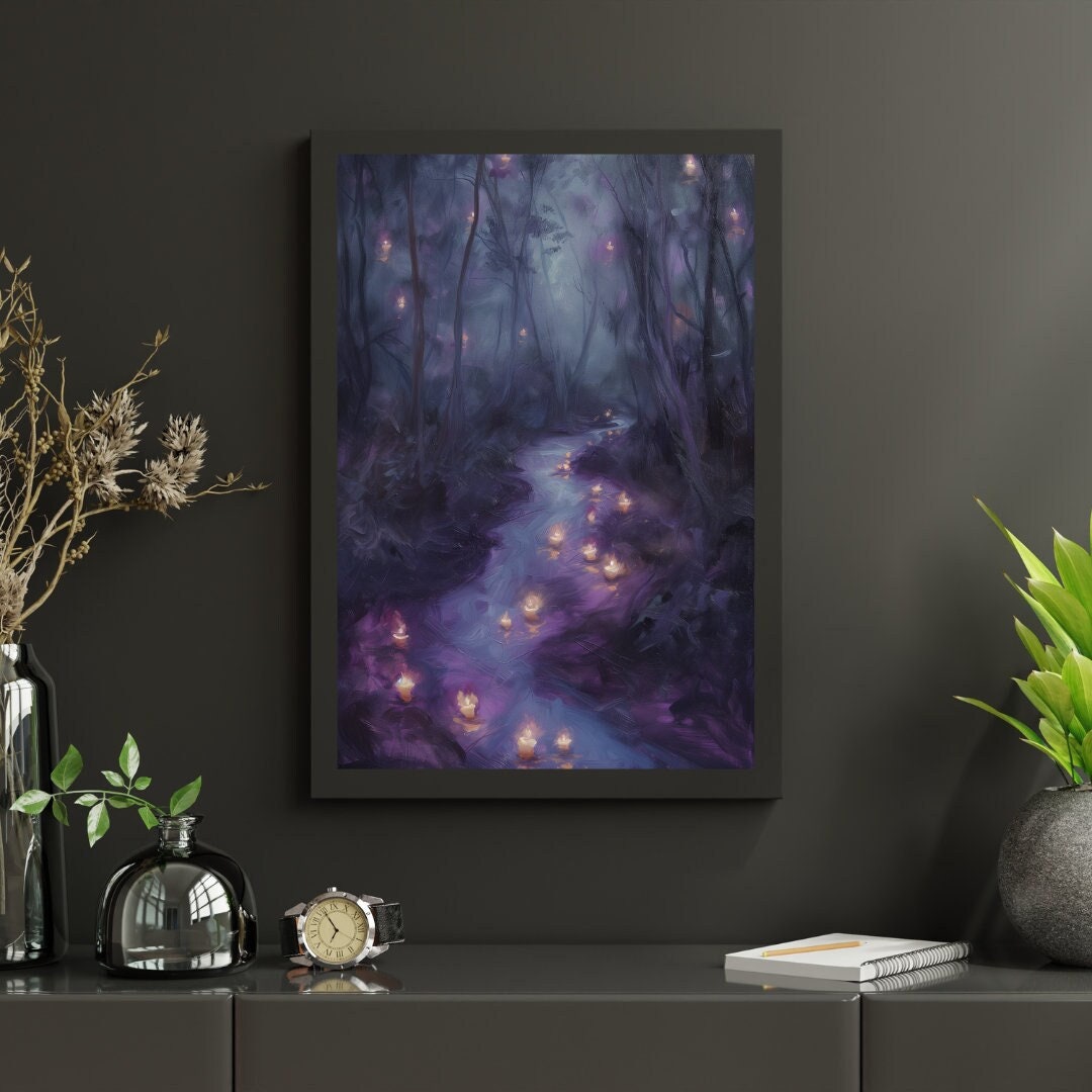 Mystical Purple Forest & River Candlelight Art Print - Fantasy Oil ...