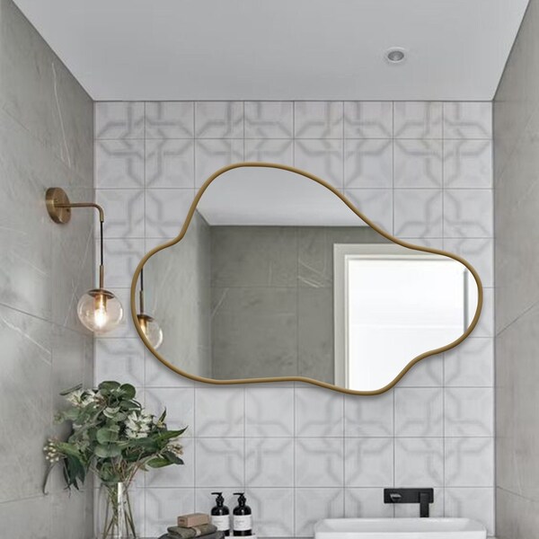 Miroir ondulé doré en forme de nuage, cadeau déco asymétrique, miroir mural moderne esthétique irrégulier, miroir noir minimaliste avec cadre en bois