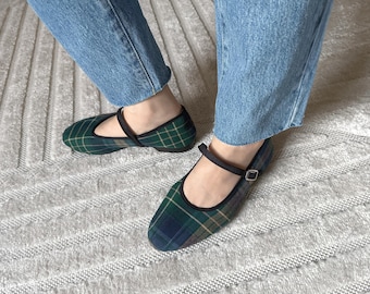 ample project . green plaid mary janes . purely handmade