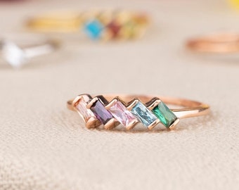 Custom Baguette Gemstone Ring, Mothers Ring with Birthstones, Personalized Statement Ring, Personalized Gift for Her, Dainty Ring