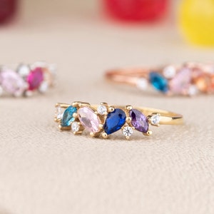 Sterling Silver Marquise Birthstone Ring, Family Gemstone Jewelry, Mother Grandma Ring Gift, Gemstone Rings for Mom, Birthstone Jewelry