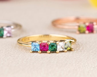 Benutzerdefinierte Baguette Birthstone Ring, Minimalist Sterling Ring, personalisierte Schmuck, Familie Birthstone Ring, Mom Geschenk, personalisierte Ring