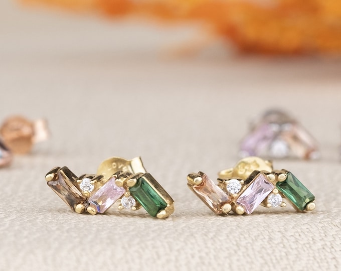 Custom Birthstone Baguette Earrings, Custom Gemstone Sterling Silver Personalized Jewelry, Mother's Day Gift, Valentine's Day Gift,