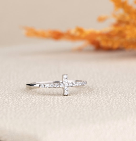 Diamond Cross Ring -Sterling Silver Christian Faith Ring, Minimalist Jewelry for Women, Christmas Gift