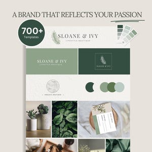 Puede incluir: Un kit de marca que muestra el texto A BRAND THAT REFLECTS YOUR PASSION y 700+ Templates. Incluye el logotipo de Sloane & Ivy Lifestyle Boutique, una paleta de colores verdes y varias imágenes de plantas, hojas y papelería.