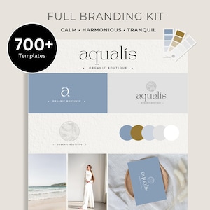 Puede incluir: Kit de marca para un negocio llamado "aqualis" con un logotipo que presenta un diseño de onda estilizado. El kit incluye una paleta de colores, variaciones de logotipo y una maqueta de tarjeta de visita.