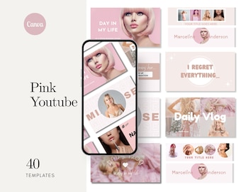 Pink YouTube Branding Kit: Canva Templates (Digital Download)