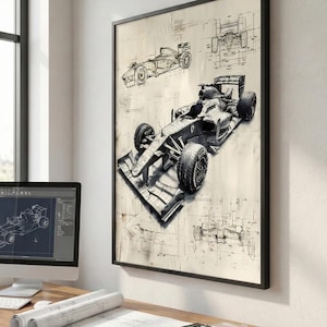 May include: A framed wall art print featuring a detailed technical blueprint of a Formula One race car. The artwork displays the vehicle from multiple angles with schematic lines, measurements, and annotations on a light, aged paper background.