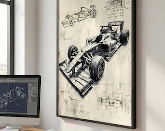 May include: A framed wall art print featuring a detailed technical blueprint of a Formula One race car. The artwork displays the vehicle from multiple angles with schematic lines, measurements, and annotations on a light, aged paper background.