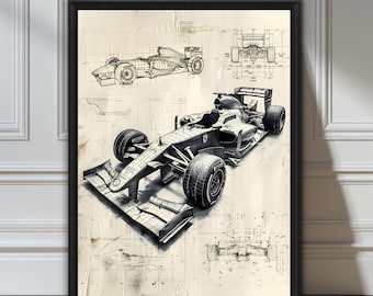 Pôster com projeto de Fórmula 1, Arte de parede para corrida de F1, Impressão de engenharia automobilística, Decoração vintage com projeto de Grande Prêmio, Desenho técnico de carro de corrida