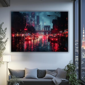 Płótno z nocnym widokiem Nowego Jorku, Sztuka z panoramą mostu Brooklińskiego, Sztuka ścienna Nowego Jorku, Sztuka miejskiego pejzażu, Deszczowa noc w Nowym Jorku, Płótno z miejskim deszczem