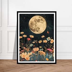 Mond & Wildblumen Kunstdruck | Magischer Vollmond Poster | Serene Wildblumen-Szene | Mystische Natur inspirierte Wandkunst für ruhiges Dekor