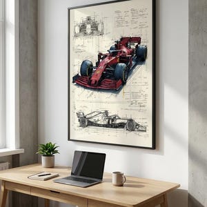 Impression d'affiche de plan de voiture de course - schéma technique de voiture de course de formule - art technique de sport automobile - décoration murale de course vintage