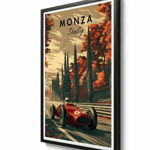 May include: A framed print featuring a vintage race car speeding along a track in Monza, Italy. The artwork has a retro style with a red race car, tall trees, and the text "MONZA Italy". The color palette includes red, orange, and brown.