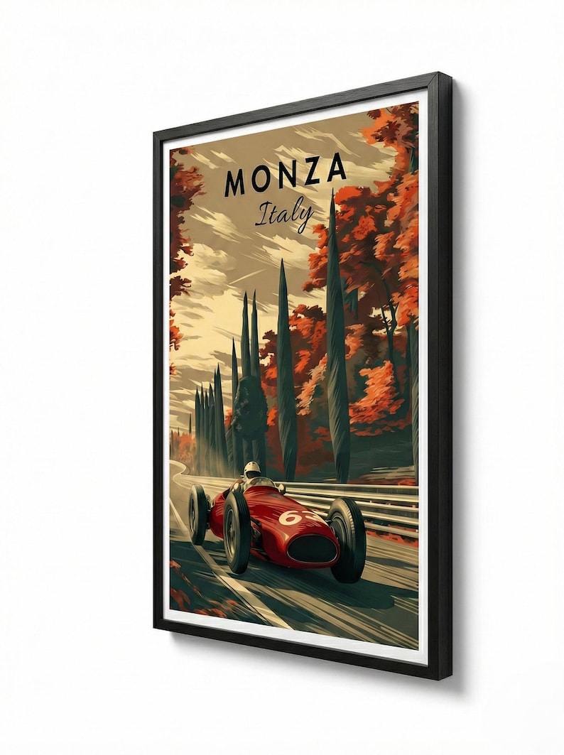 May include: A framed print featuring a vintage race car speeding along a track in Monza, Italy. The artwork has a retro style with a red race car, tall trees, and the text "MONZA Italy". The color palette includes red, orange, and brown.
