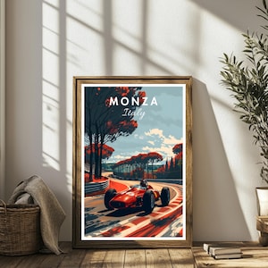 Póster de carreras de Monza, arte de pared vintage de Ferrari, impresión clásica de deportes de motor de F1, decoración de carreras italianas, obra de arte de autos retro de los años 50, regalo de Fórmula 1