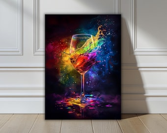 Colorful Wine Glass Canvas Wall Art Print – Abstract Rainbow Splash on Black – Modern Kitchen & Bar Decor – Wine Lover Gift