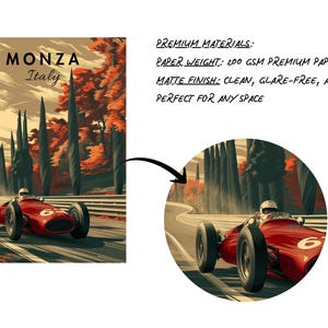 May include: A vintage-style poster featuring a red race car speeding along a track in Monza, Italy. The artwork has a retro aesthetic with a color palette of red, brown, and green. The text "MONZA Italy" is at the top.