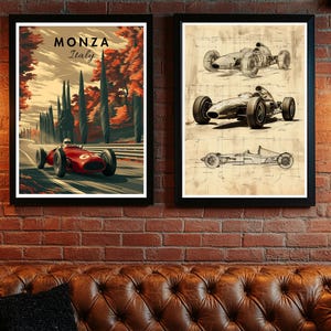 May include: Two framed prints. The left print features a red race car on a track with the text "MONZA Italy". The right print displays three vintage race car blueprints in black and white.