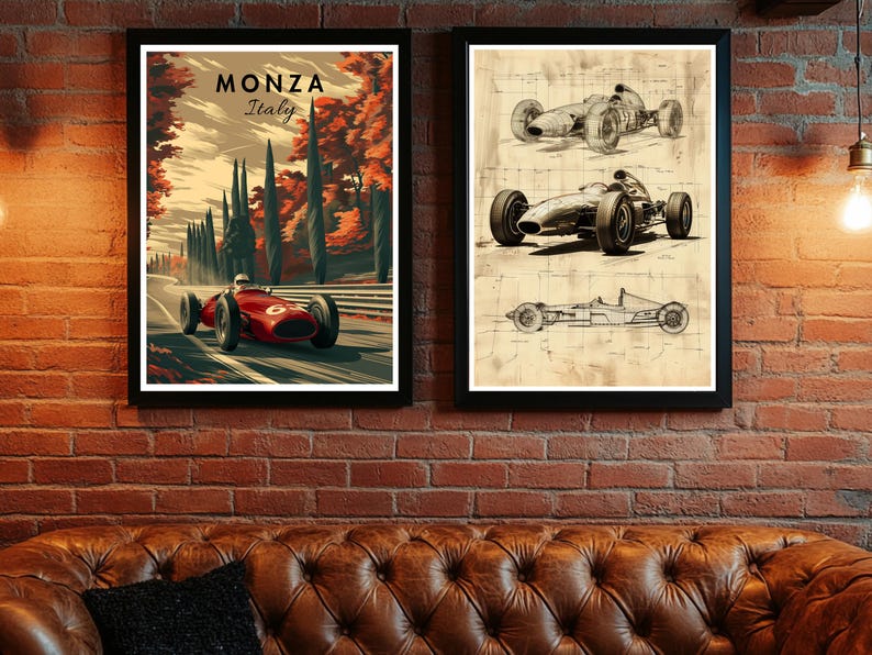 May include: Two framed prints. The left print features a red race car on a track with the text "MONZA Italy". The right print displays three vintage race car blueprints in black and white.